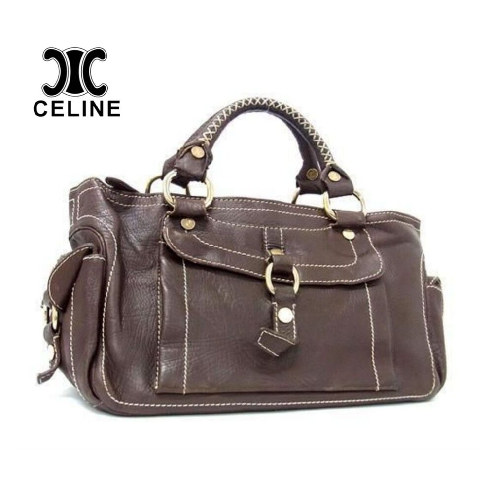 Celine Dark Brown Leather Satchel with Gold Accents